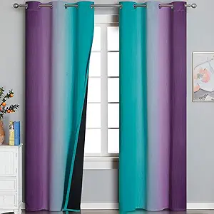 Estelar Textiler Teal and Purple Ombre Blackout Curtains 96 Inches Long 2 Panels for Living Room, Grommet Thermal Insulated Gradient Drapes, Full Light Blocking Curtains for Bedroom, 42x96 Inch