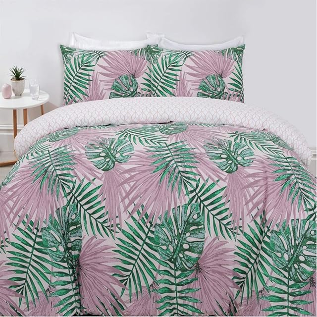 Night Comfort Duvet Cover with Single Pillowcase - Reversible Soft Cotton Blend Tropical Forest Green Palm Leaf Printed Quilted Full Bedding set for Modern Bedroom, Single, Wesley Pink/Green
