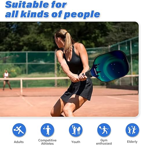 Miniatura 5 de Juego de 2 palas de pickleball de 9 capas de madera de álamo con mango que absorbe los golpes, 4 bolas de pickleball, regalos para hombres, mujeres