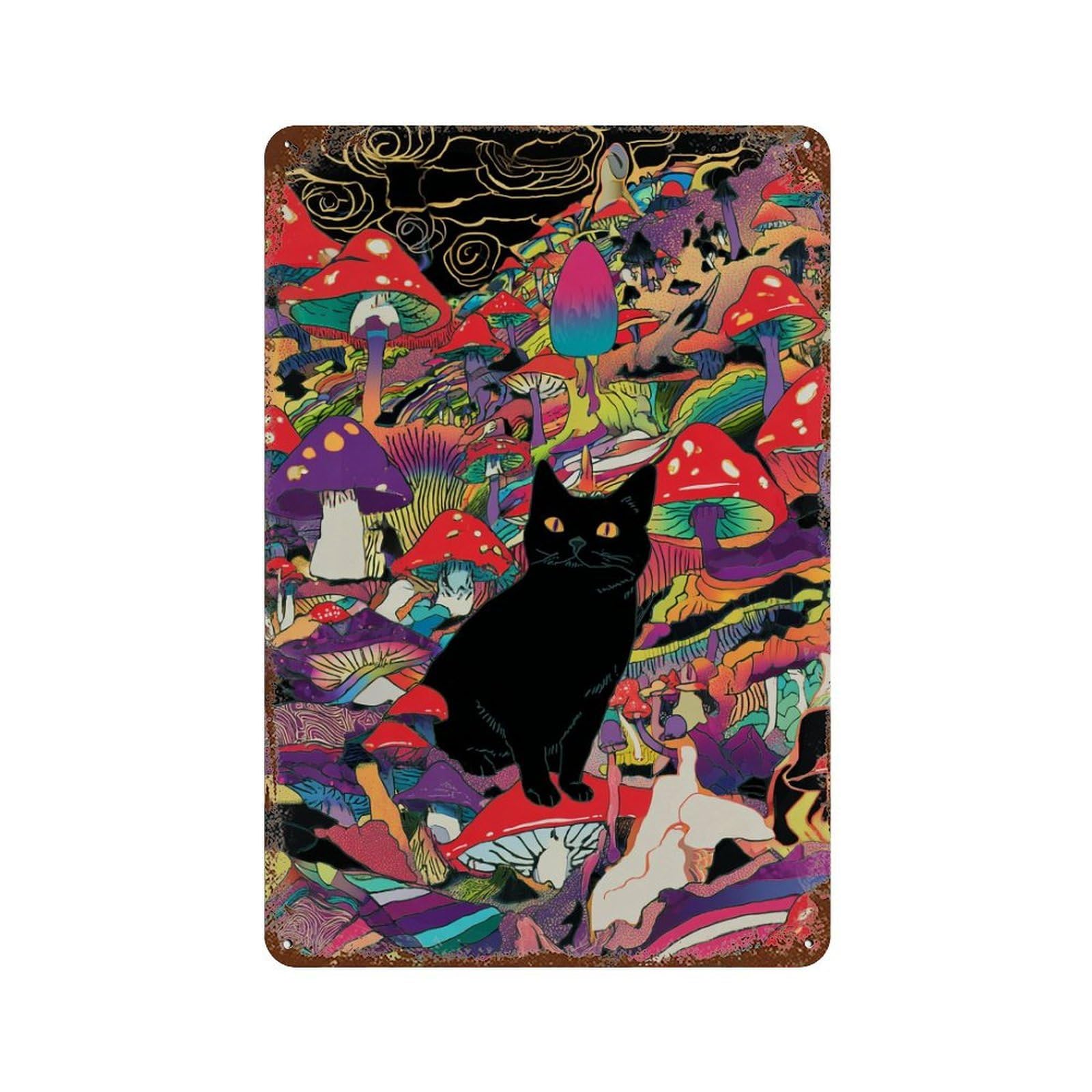 Psychedelic Mushroom Cat Art Print Rusty Metal Tin Sign 11.8"x7.9", Ideal for Patio, Garden Room And Bar Decor