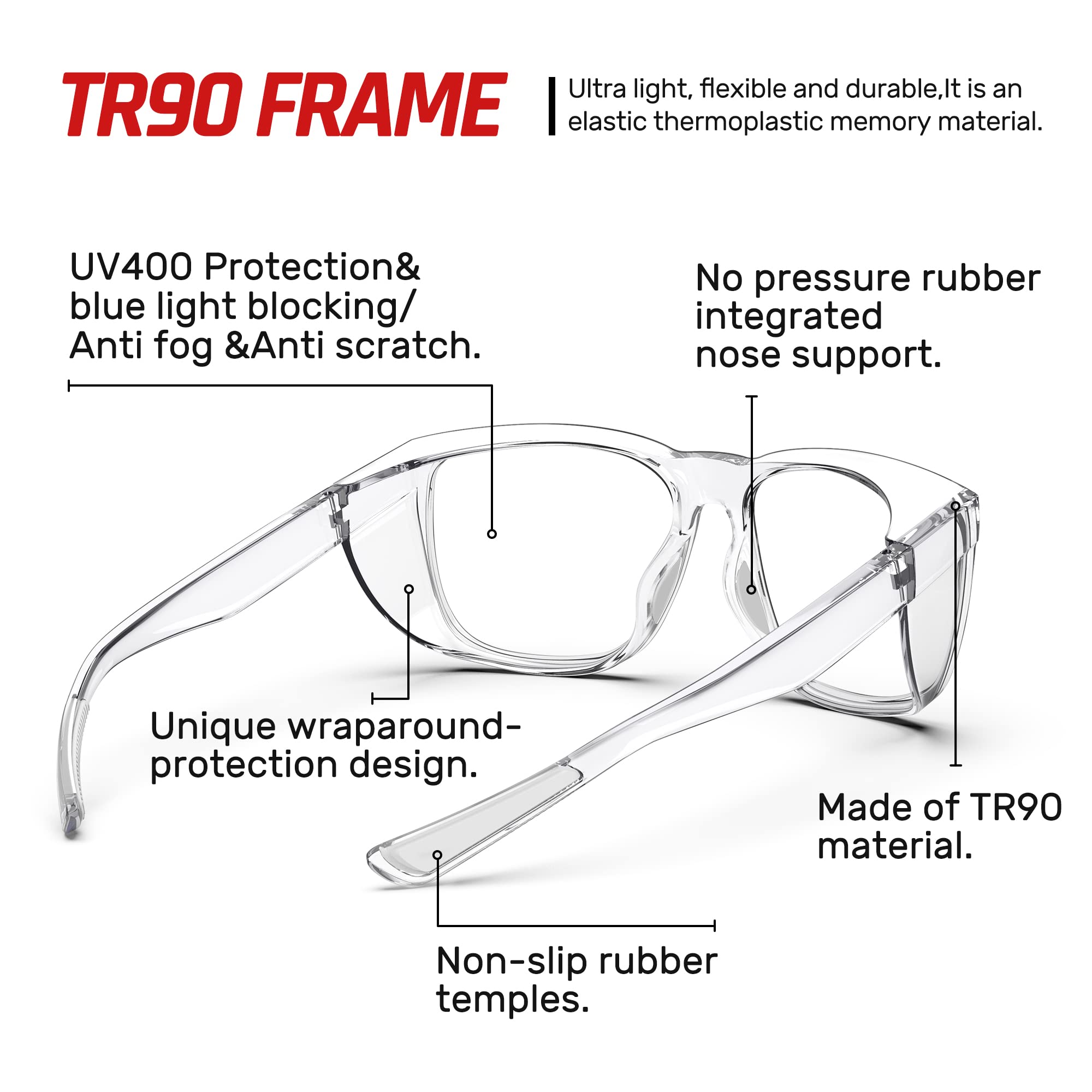 DILANCO Gafas de seguridad transparentes con protectores laterales para mujeres y hombres, resistentes a la niebla y a los arañazos, protección UV completa