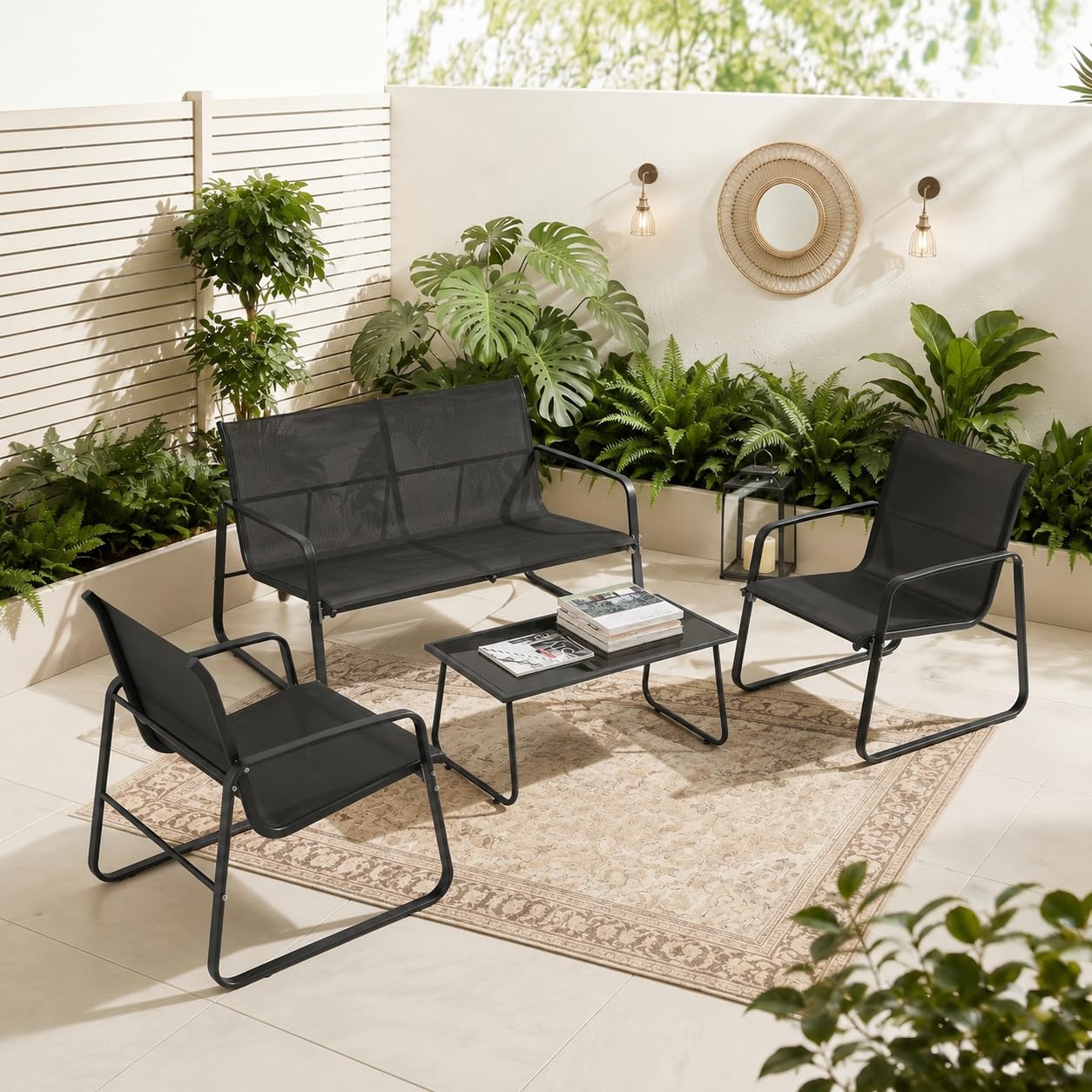 RTDTD 4-Piece Patio Conversation Sets,Garden Furniture Set with Loveseat,2 Chairs & Tempered Glass Table,Breathable Textilene and Steel Frame for Garden,Balcony,Backyard,Black (Black, 4PC)