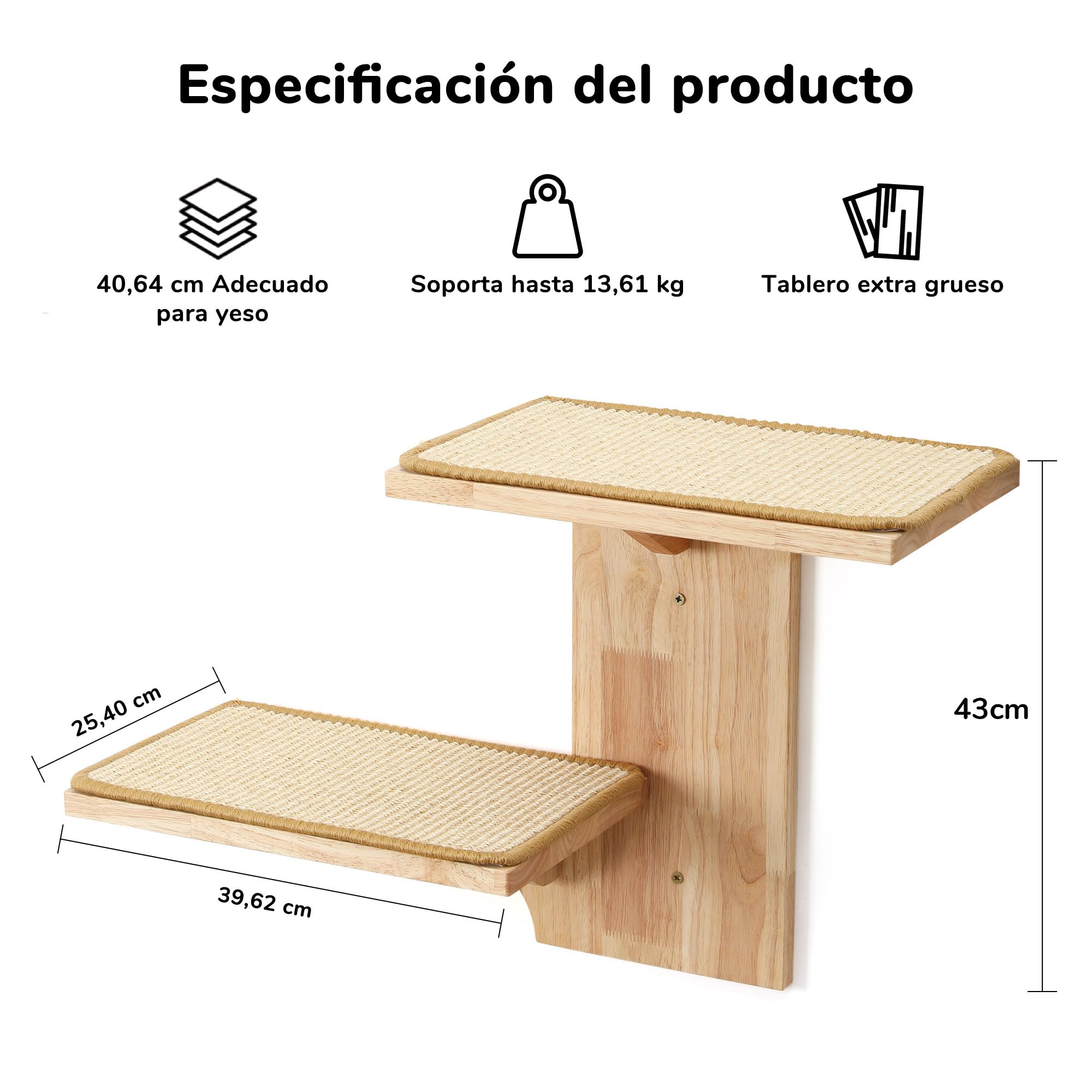 FUKUMARU Mueble de Pared para Gatos con 2 Plataformas, Hecho de Madera de Caucho Sólido, 40,6 cm, Montado en la Pared con Alfombrilla de Sisal, Estantes de Pared para Escalar, Jugar y Rascar