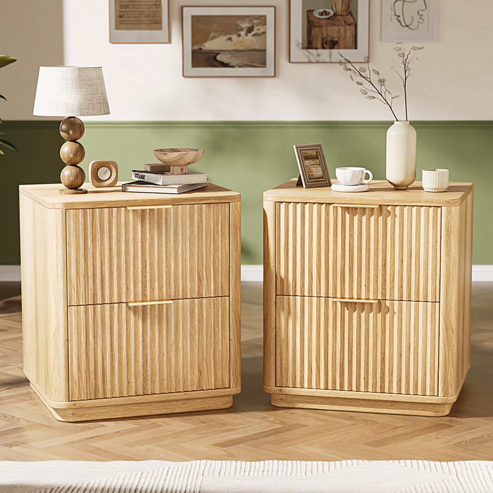 Bonnlo Fluted Bedside Table with Large 2 Drawers,Set of 2 Grille Nightstand,Oak Sofa End Table, Modern Bedside Storage Drawers for Bedroom, Living Room