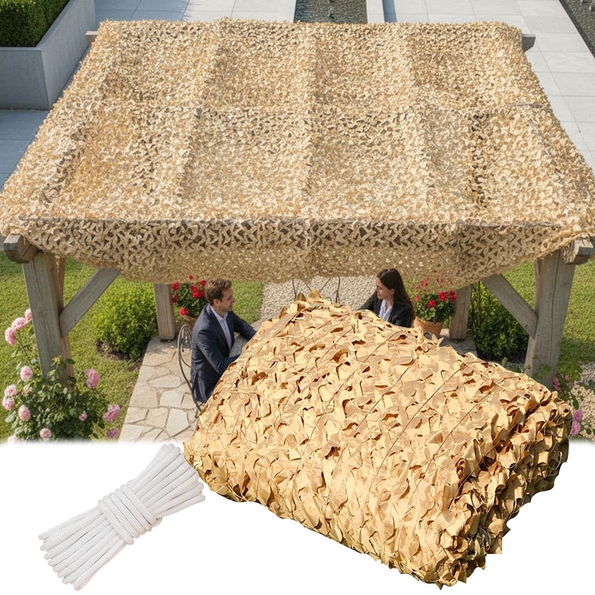 Filet de camouflage sable multi-tailles pour ombrage de terrasse et jardin