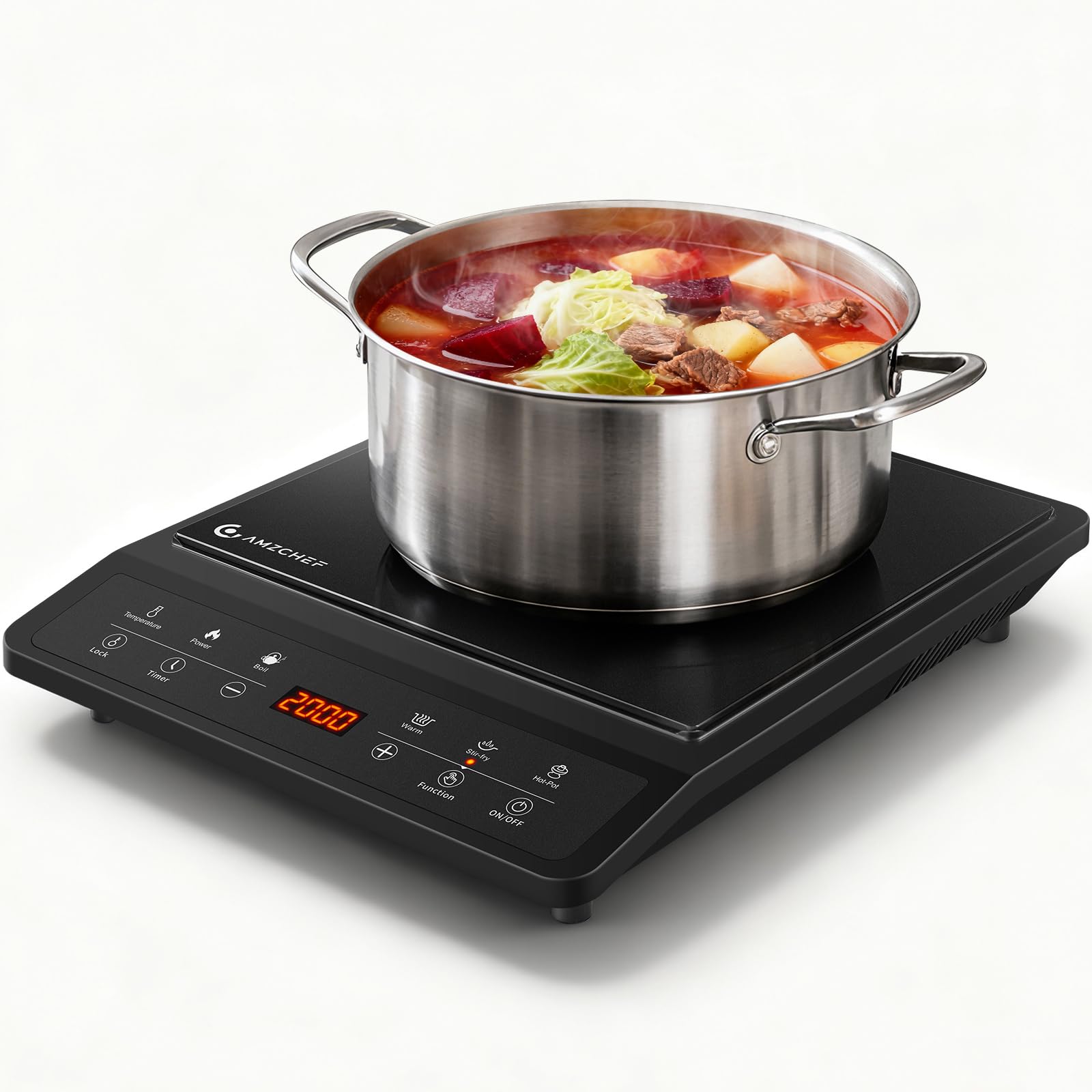 AMZCHEF Induktionskochfeld 1 Platte, Tragbares Induktionskochplatte, 20 Temperatureinstellungen und Leistungsstufen, Schlankes Design mit Schwarzer Keramikplatte, Sensorsteuerung, 3H Timer.