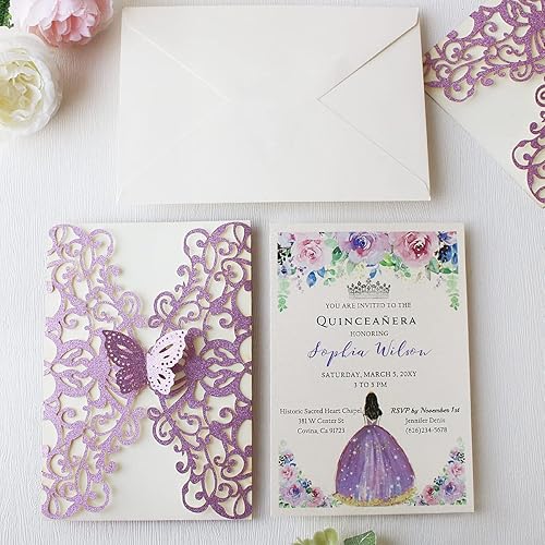 Miniatura 7 de KUCHYNEE 50 invitaciones de quinceañera cortadas con láser púrpura con purpurina de 5 x 7.3 pulgadas, invitación de bolsillo de mariposa floral