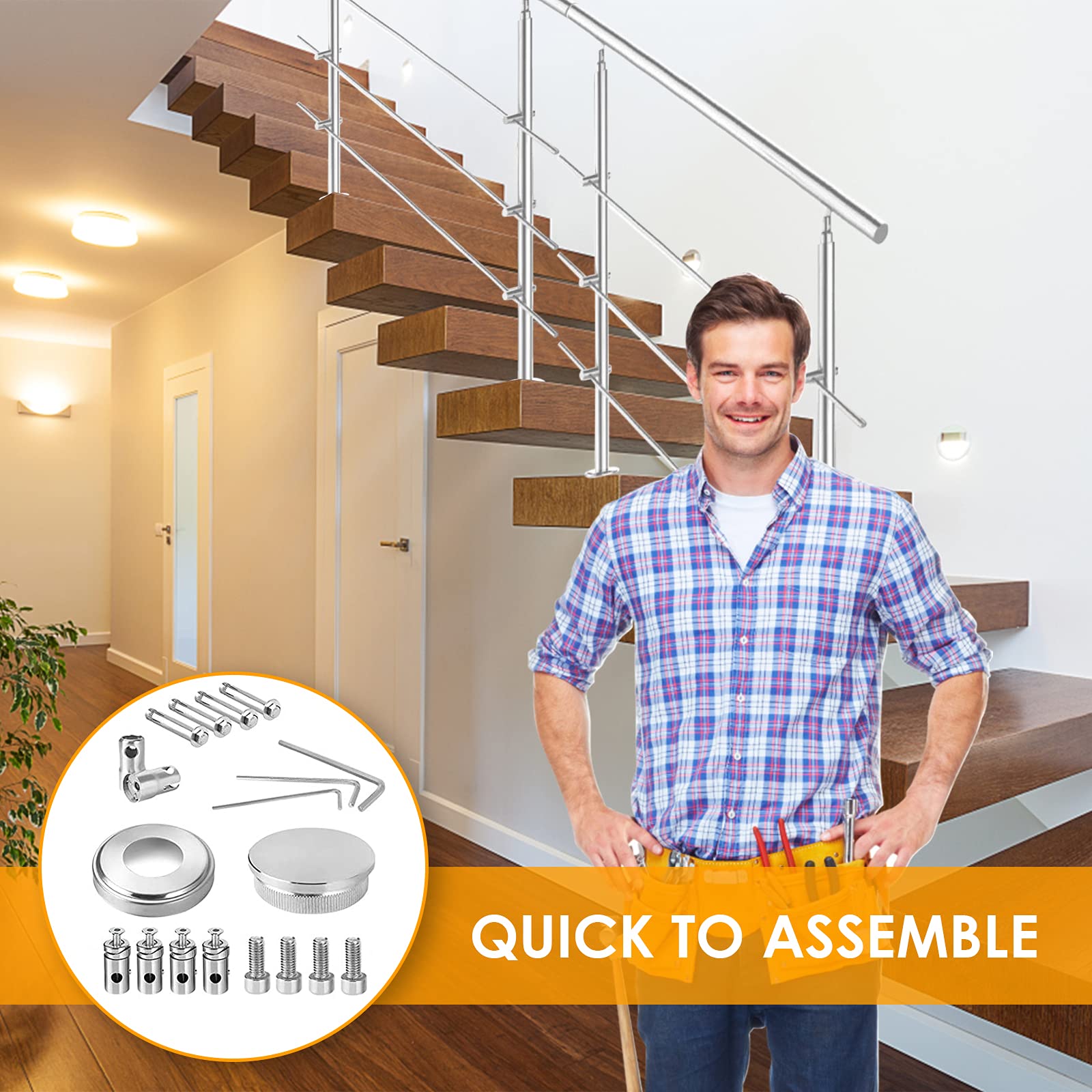 Corrimano in acciaio inox, ringhiera per scale, parapetto, balcone, 180 cm, con 4 barre trasversali Ø 42 mm, per interni ed esterni