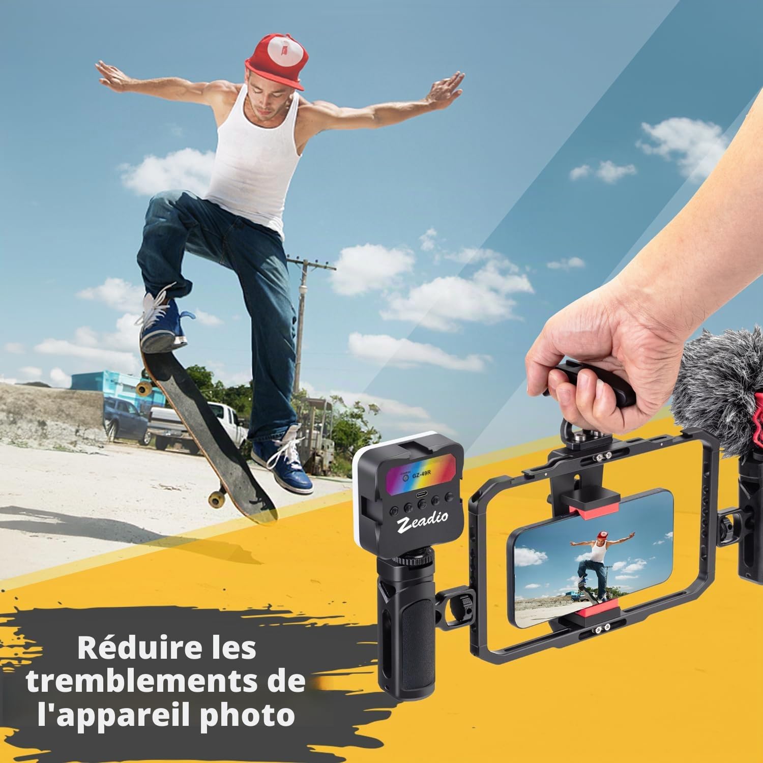 Zeaido Kit Vlogging Vidéo Tout-en-Un pour Smartphone, Cage Vidéo Polyvalente avec Éclairage RGB, Micro, Trépied à Rotule Arca et Stabilisateur – Idéal pour Youtube, TikTok et Streaming en Direct etc