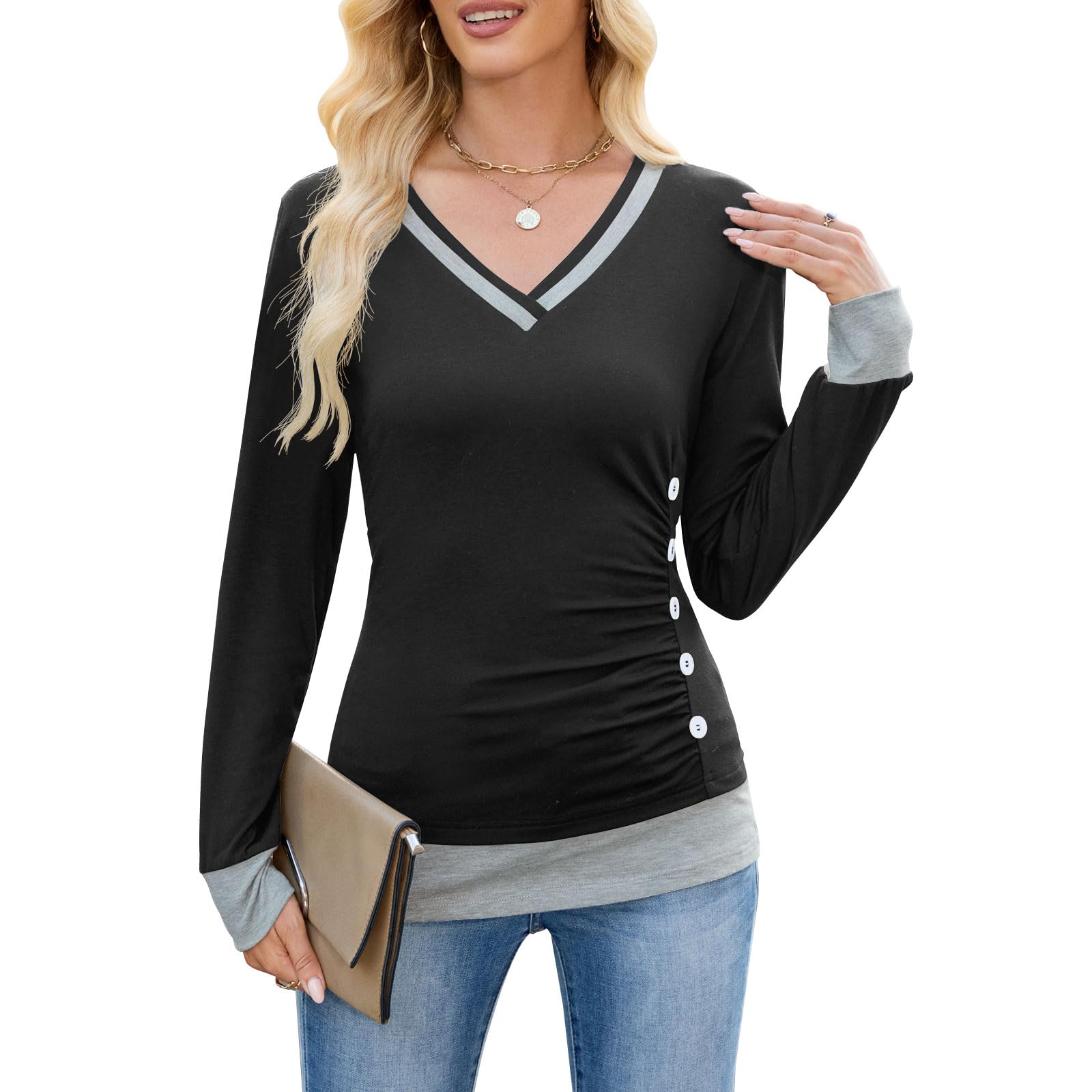 Sweatshirt Damen Farbblock Shirt Langarm Oberteile Lässig Elegant V-Ausschnitt Tshirt Basic Tunika Freizeit Damenshirt für Frühling Herbst Winter