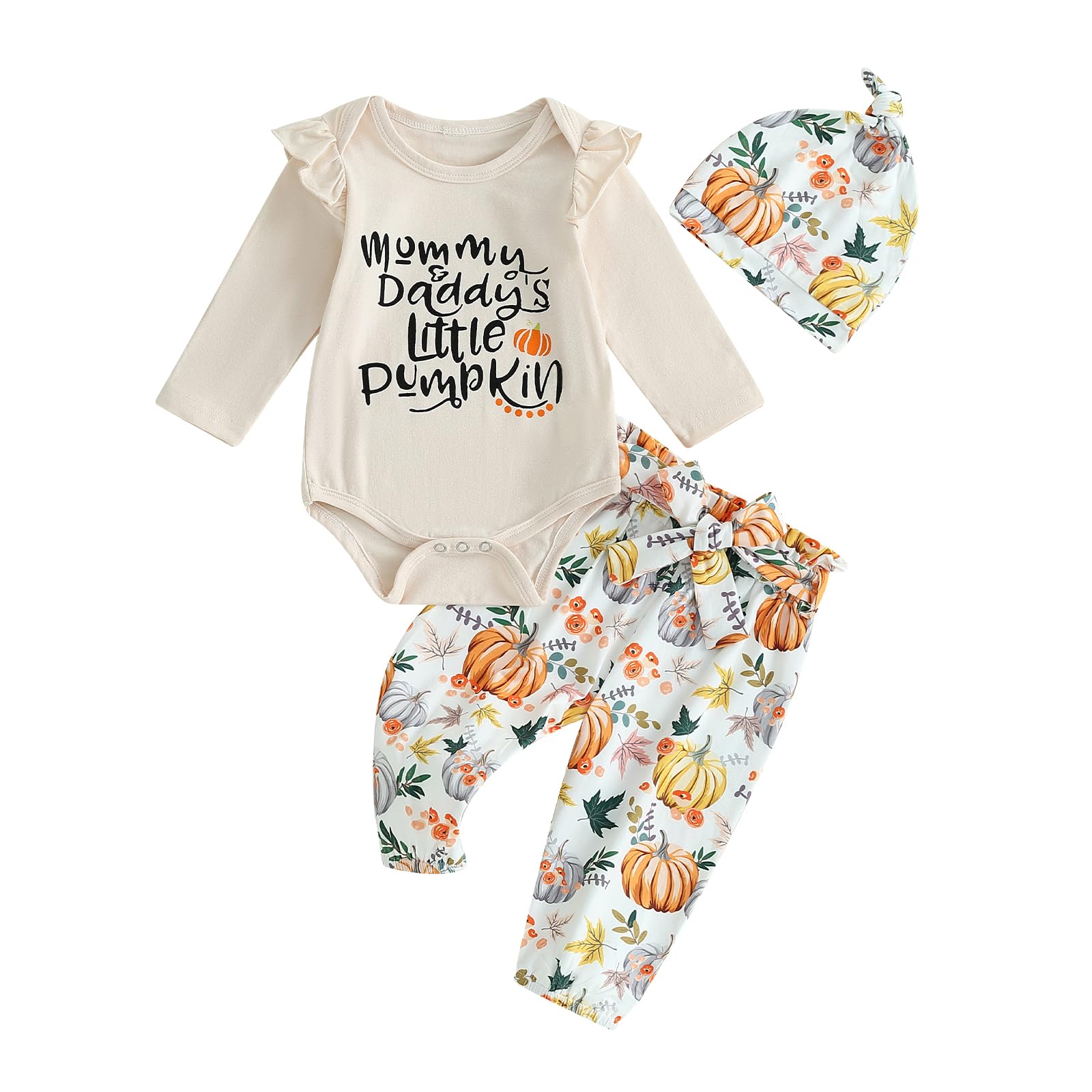 FIOMVAMy First Halloween Outfits Newborn Infant Baby Girl Boy Long Sleeve Romper Onesie+Pumpkin Print Long Pants Hat Set Fall