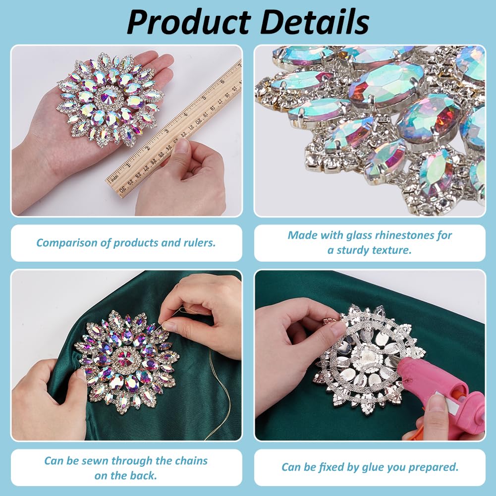 FINGERINSPIRE Clear AB Round Glass Rhinestone Applique with Metal Chain Back 11cm Floral Rhinestone Patch Flower Crystal Patch Platinum Rhinestone Appliques for Wedding Bridal Wedding Dress DIY - Image 3
