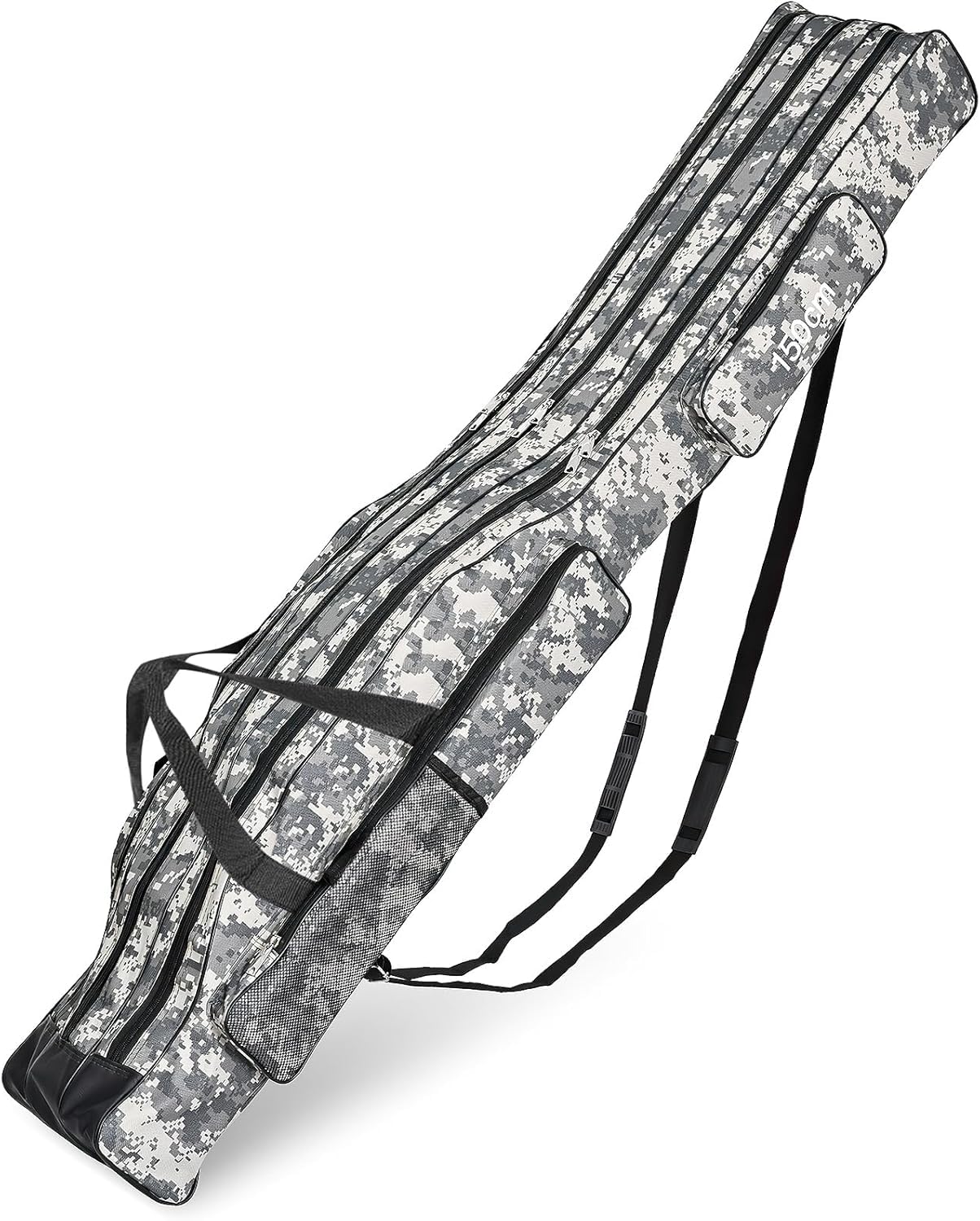 Jonuin Fishing Rod Bag, 150cm Foldable Portable Fishing Pole Bag, Fishing Pole Storage Bag with 3 Layers Waterproof Oxford, Fishing Rod Case for Fisherman (Grey Camouflage)