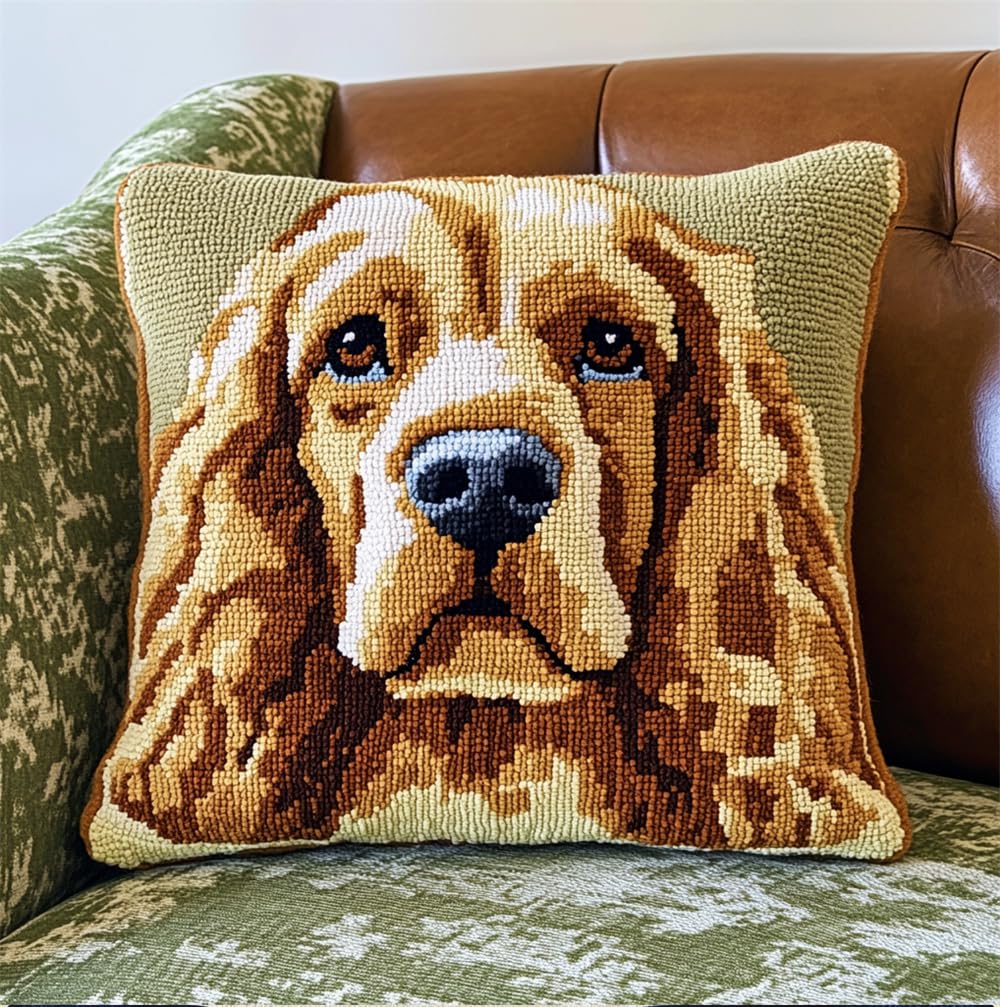 Rqwybcaxn Latch Hook Cushion Kit, Cocker Spaniel Knitting Kits Cushion, Rug Making Kit for Starters, Latch Hook Kit for Beginners Adults Or Children, Latch Hook Kit 43X43Cm/17X17 Inch