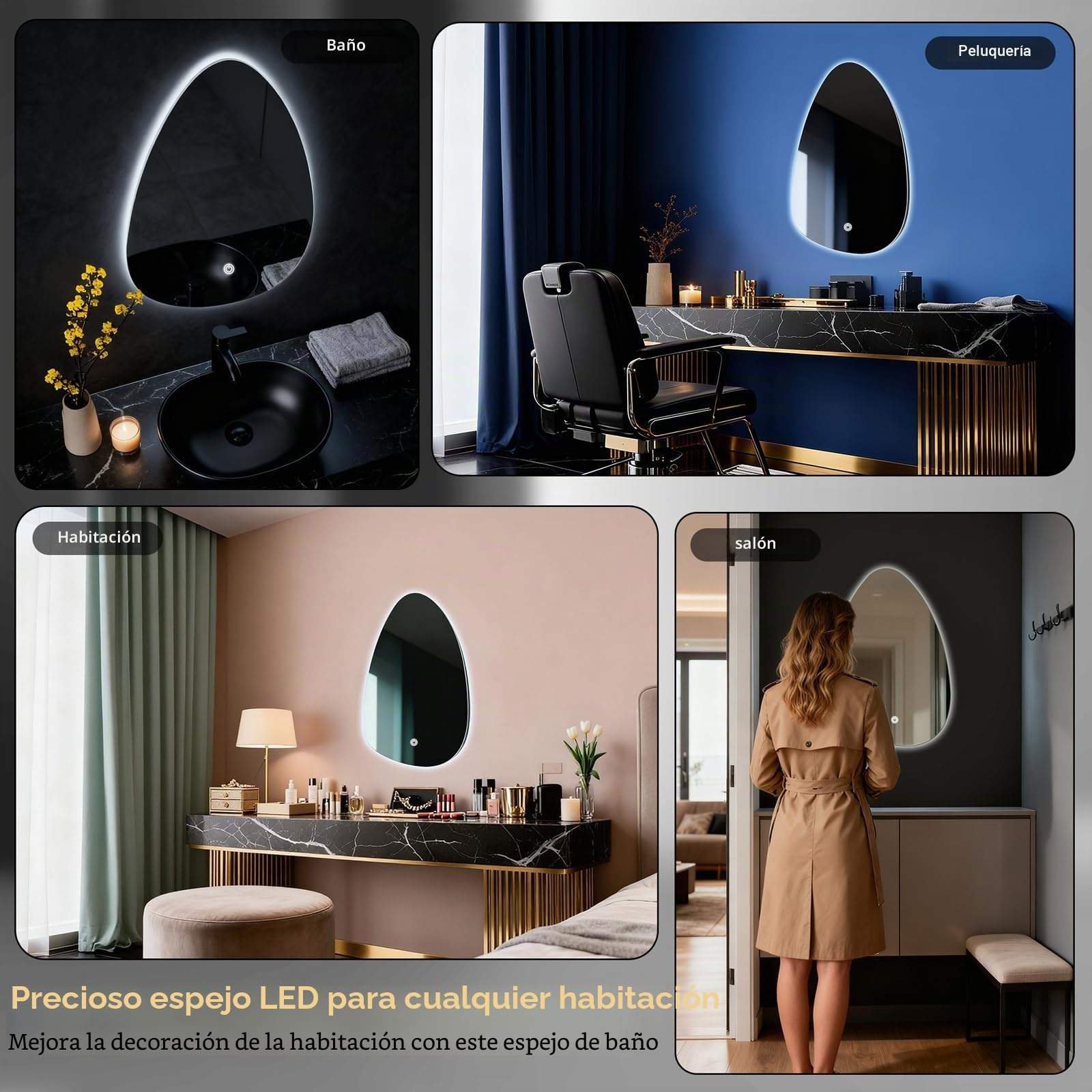 Espejo de Pared para baño, Espejo de baño con iluminación, Espejo con luz LED, Interruptor táctil y 3 Colores Regulables (Gotas de Agua, 60L x 40B cm)