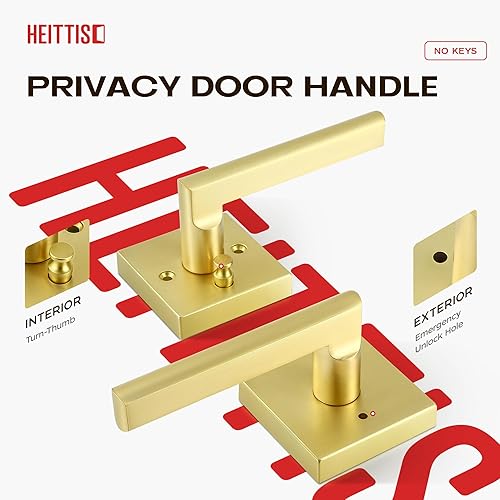 Miniatura 3 de Heittis 1 paquete de manijas de puerta interiores en acabado de latón satinado, manijas de puerta de privacidad para dormitorio, baño, cerraduras