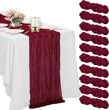 10 Pack Burgundy Cheesecloth Table Runner 6FT Boho Gauze Fabric Table Runner Vintage Rustic Sheer Runners for Wedding Party Bridal Baby Shower Long Table Decorations