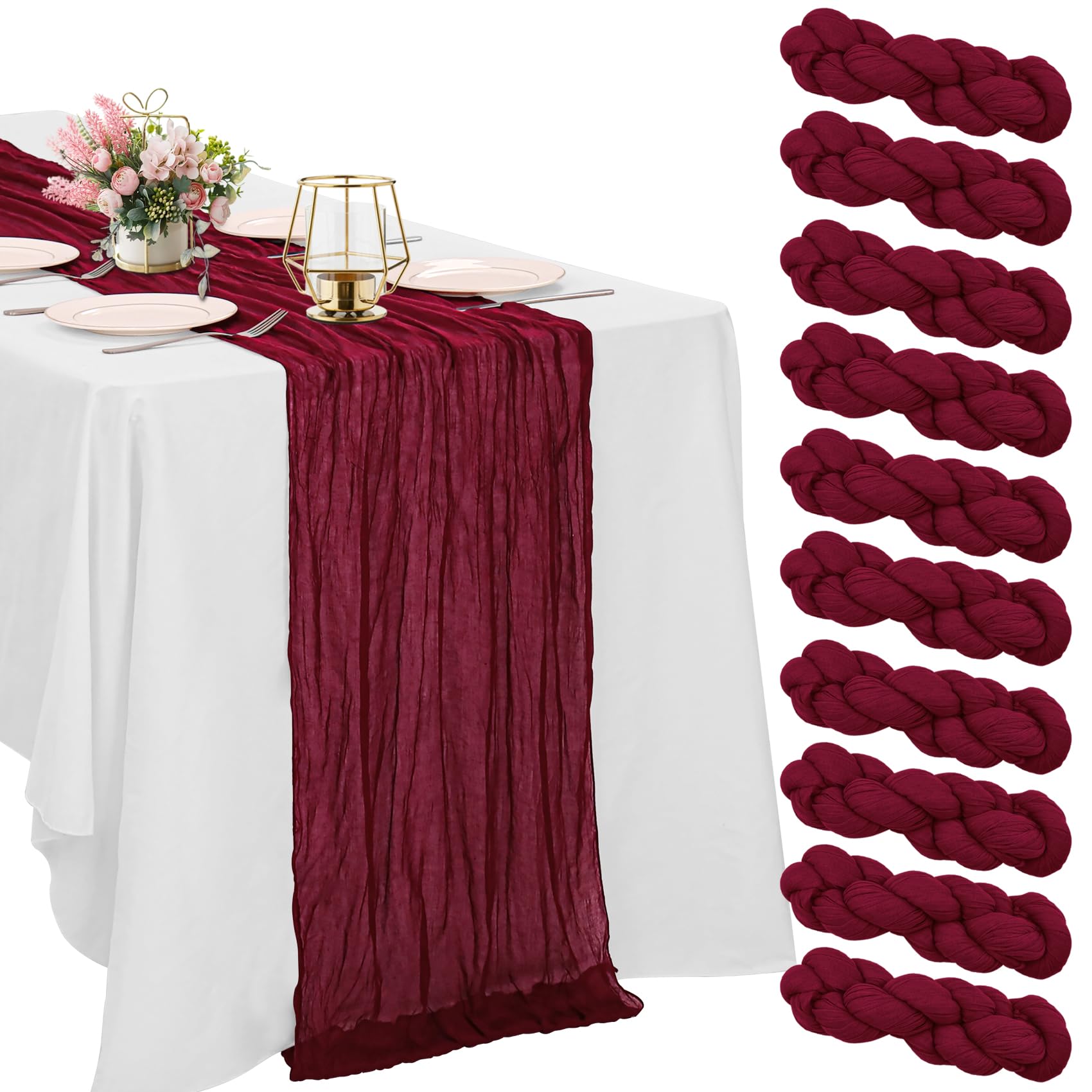Photo 1 of 10 Pack Burgundy Cheesecloth Table Runner 6FT Boho Gauze Fabric Table Runner Vintage Rustic Sheer Runners for Wedding Party Bridal Baby Shower Long Table Decorations