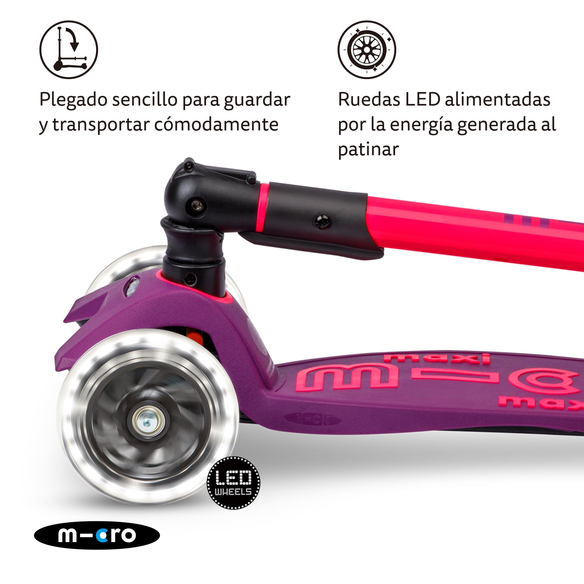 Micro® | Maxi Deluxe Plegable LED | Patinete 3 Ruedas Niños | Altura Regulable | Ruedas con iluminación LED | Rodamientos ABEC9 | 5-12 Años | Niños y Niñas