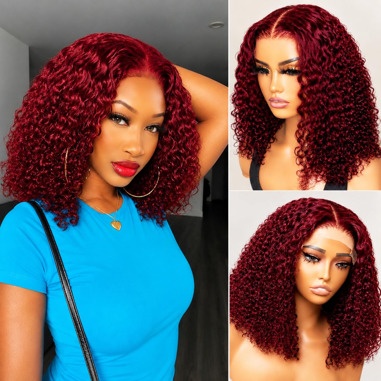 14 Inch 200 Density Deep Wave Bob Wig - Burgundy Hair