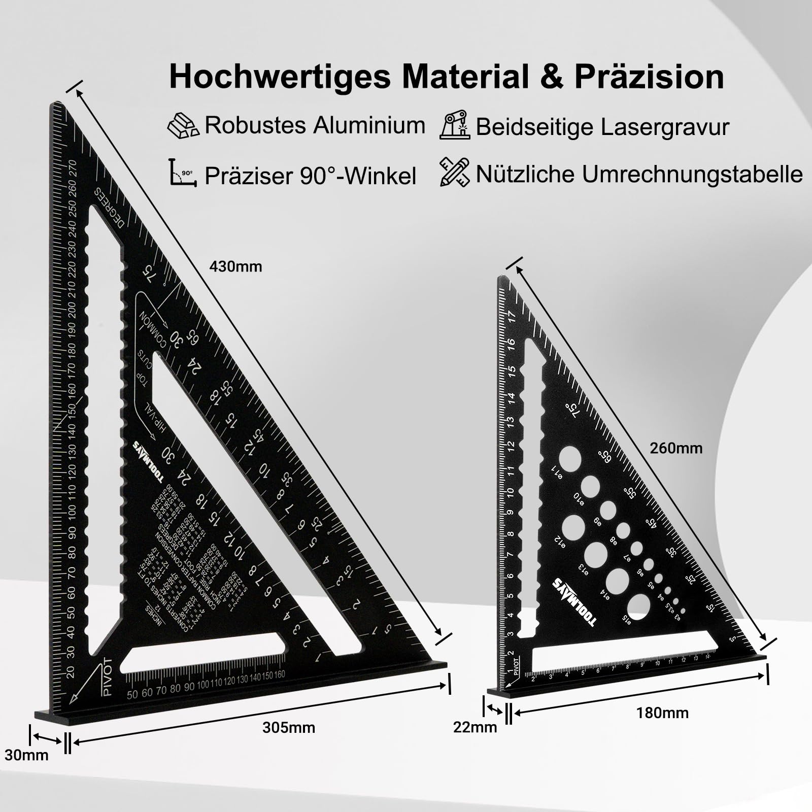 Zimmermannswinkel Set 300mm und 180mm, Präzises Winkelmesser mit abwischbare Notizzone, 45 und 90 Grad Aluminiumwinkel zum präzisen Zeichnen, Messen und Prüfen