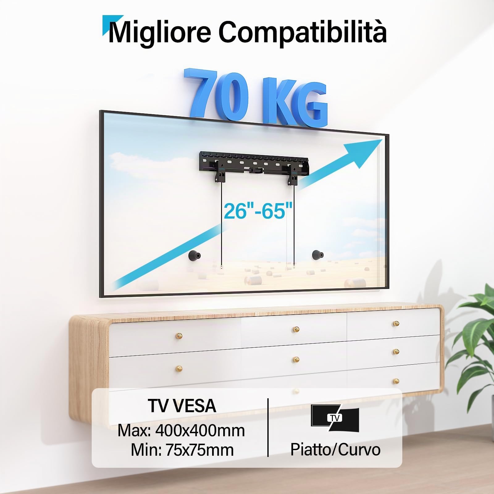 Supcline Supporto TV Parete da 26-65 Pollici fino a 70KG, Staffa TV Senza Viti Prigioniere con VESA Massimo 400x400mm, Porta TV a Basso Profilo in Cartongesso, Facile Installazione