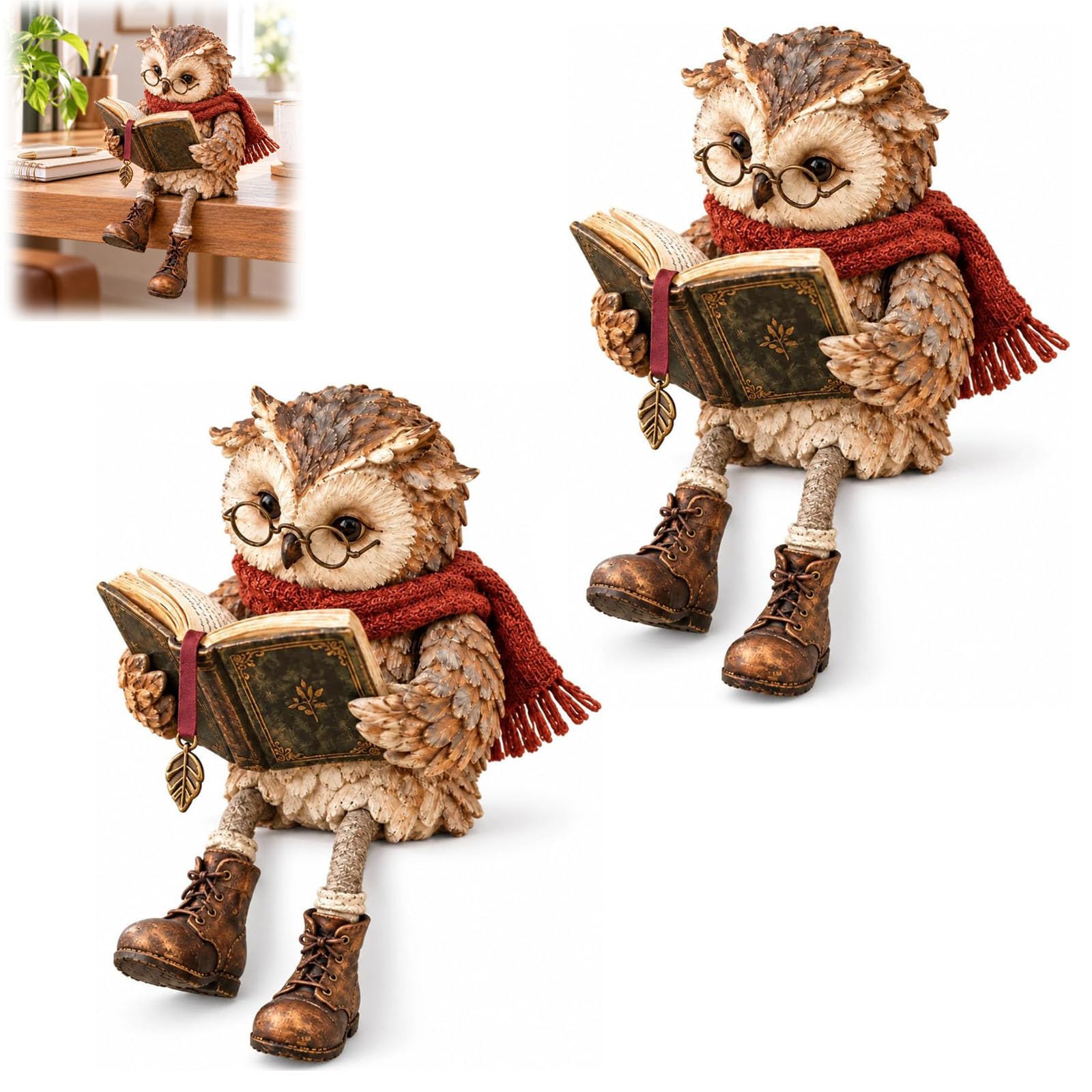 Fokayo Reading Owl Figurine, Little Readers Cute Bookshelf Decor (2Pcs)
