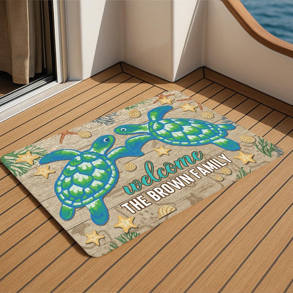 Personalized Sea Turtle Doormat for Beach House – Non-Slip Coastal Entry Rug with Two Turtles and Starfish – Custom Nautical Welcome Mat for Front Door, Bathroom, Porch, or Ocean-Themed Summer Decor