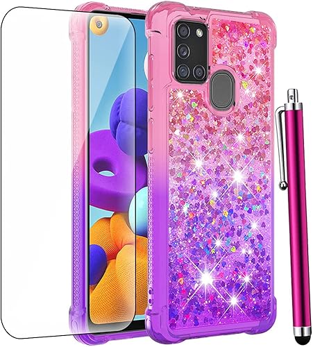CAIYUNL Funda para Samsung Galaxy A21S con protector de pantalla de vidrio templado, para mujeres y niñas, con purpurina líquida, linda funda