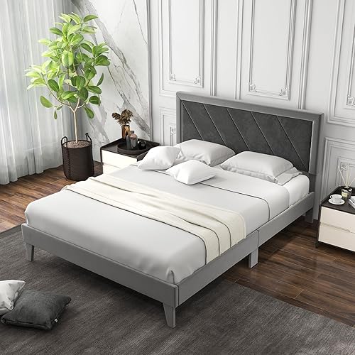 Miniatura 8 de Giantex Base de cama de terciopelo tamaño Queen con cabecero, moderna plataforma tapizada, base de colchón con 12 listones de madera fuertes, no
