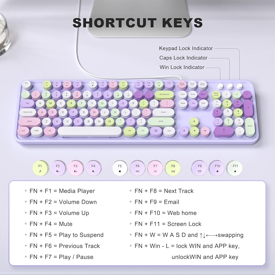 SQMD Colorful Computer Keyboards Wired, USB Plug and Play Full Size Typewriter Keyboard, Cute Aesthetic Keyboard with Foldable Stands for Windows PC Laptop (Purple) - image 6
