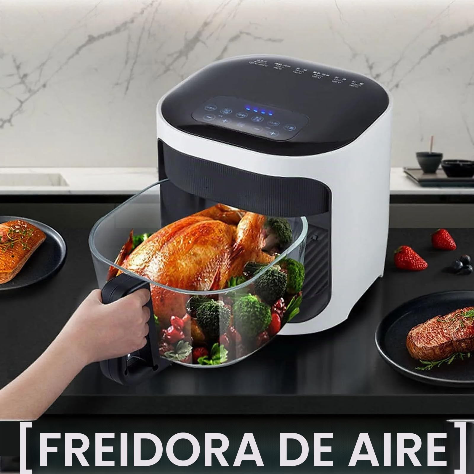 Freidora de Aire sin Aceite 6L con Ventana Visible, Air Fryer con Pantalla LED Táctil, 7 Menús, Temperatura Regulable, Cesta de Vidrio, 1200W