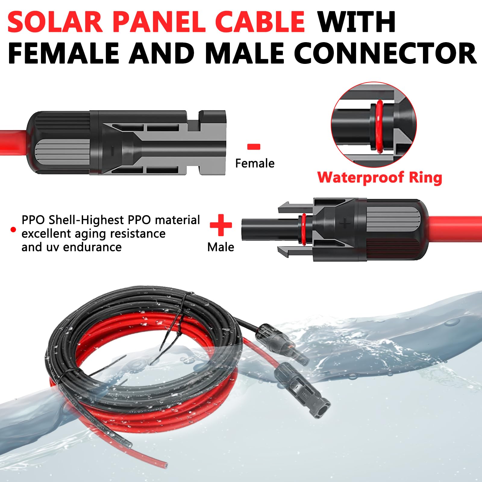 Vansdon Solarmodul-Verlängerungskabel, 6 m, 10 AWG, Solar-Verlängerungskabel-Set mit weiblichen und männlichen, wasserdichten Steckern für Wohnmobil, Photovoltaik-Systeme (6 m)