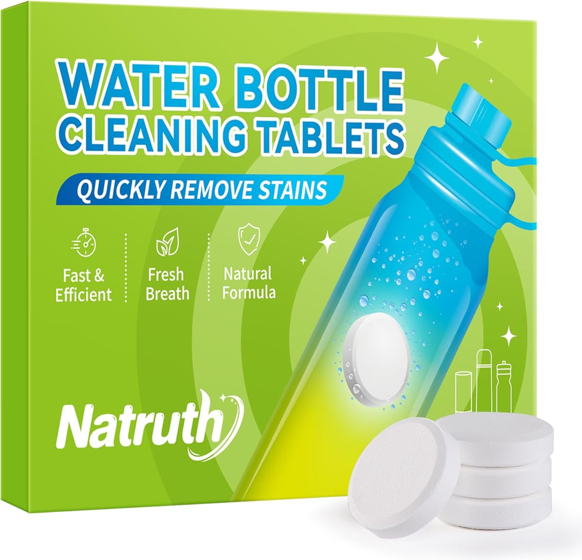 NATRUTH Water Bottle Cleaning Tablets 20 Tablets Effectively Removes Tough Stains and Odors Bottle Clean Tablet Individually Packed for All Stainless Steel, Plastics and Glass Drinking Containers