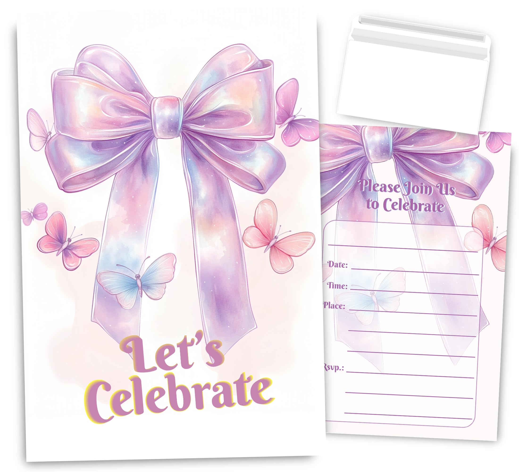 VAVINCI Pink Bow Birthday Invitations for Girls, Purple Butterfly Invites for Women, 30 Sets with Envelopes