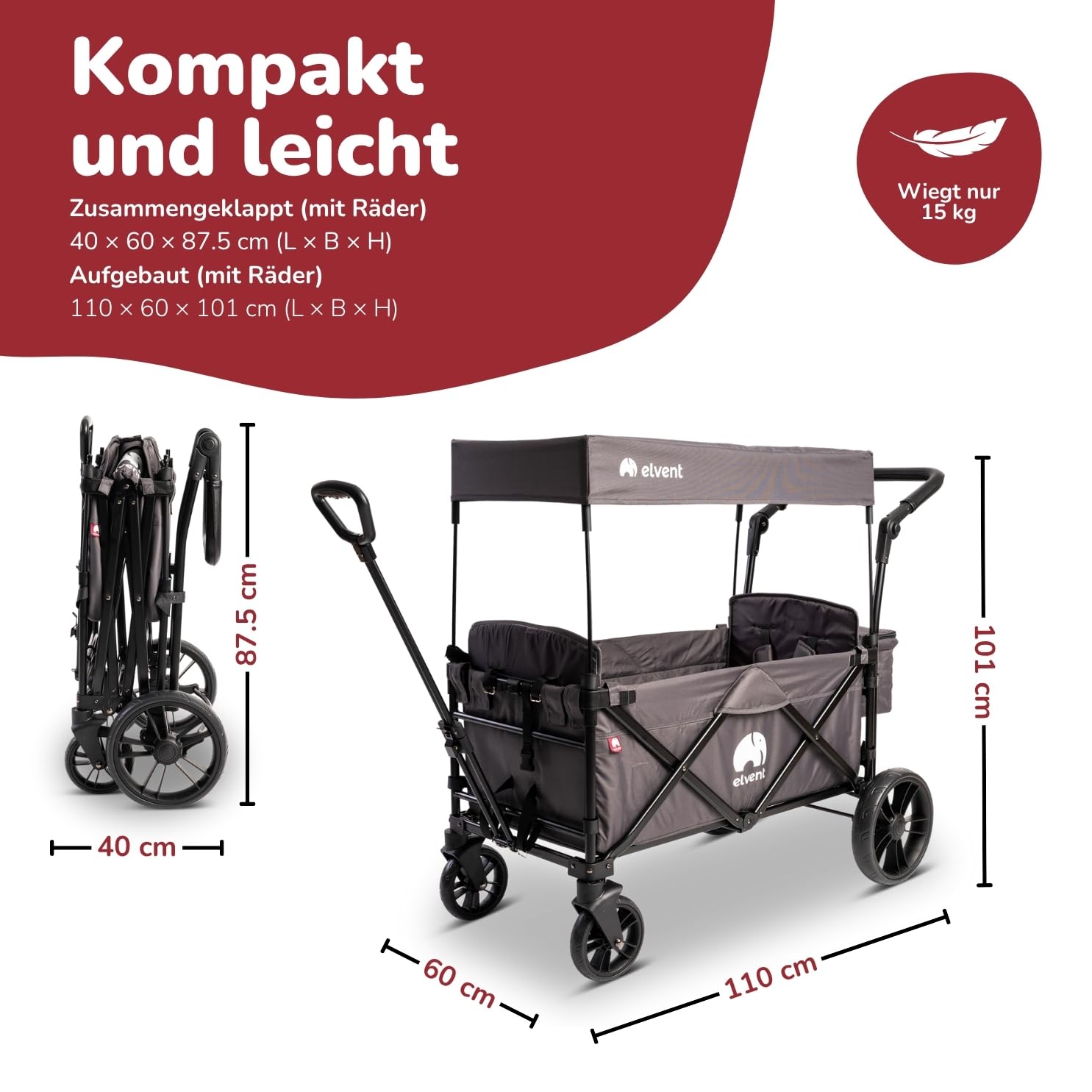 elvent® City SmartCruiser Bollerwagen - Handwagen faltbar mit Dach I Sitzpolster, Hecktasche, Feststellbremse, PU-Reifen, 5-Punkt-Gurt I für 2 Kinder | Teleskop-Zugstange (Grau)