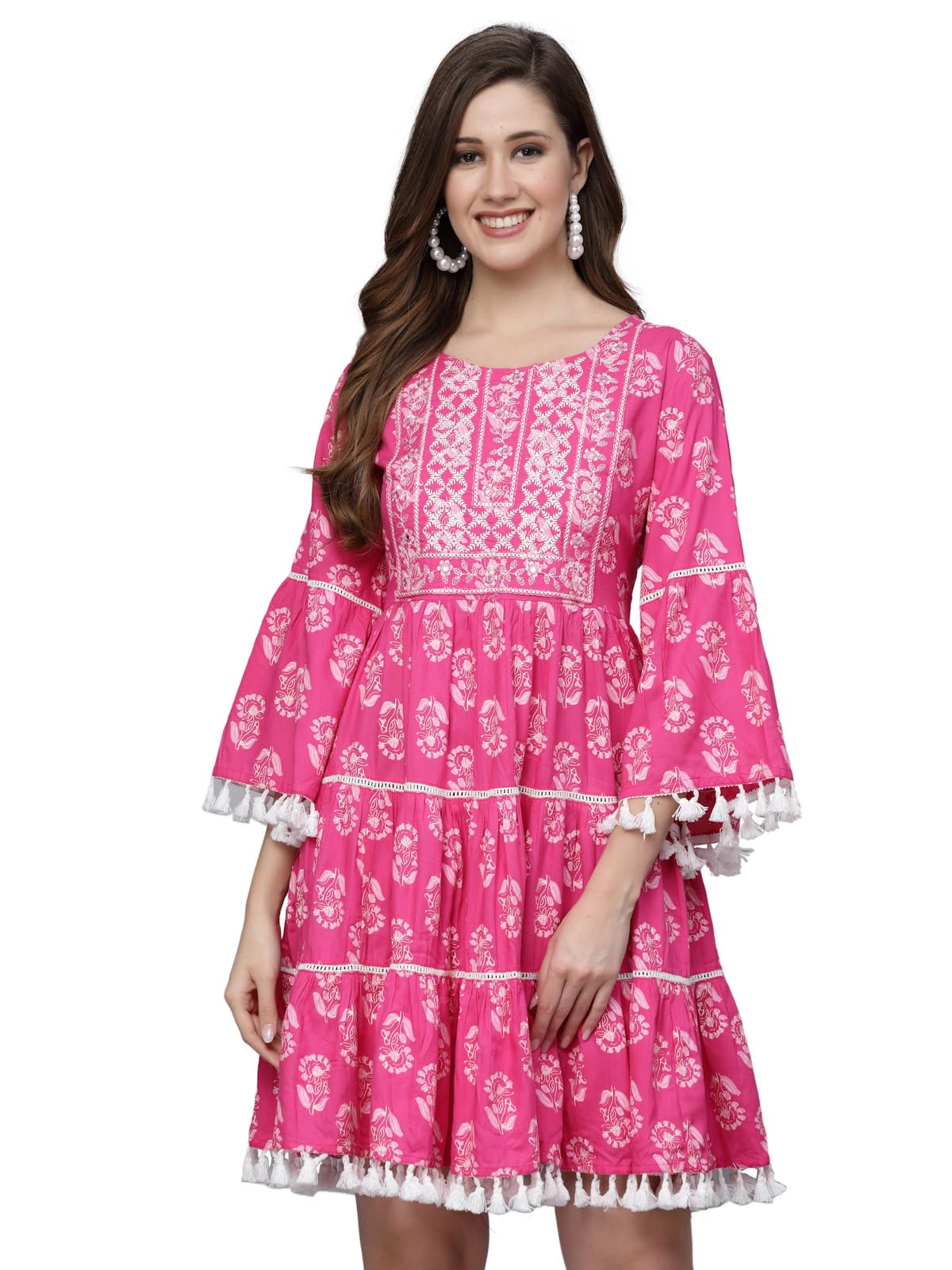 Stylum Women's Printed & Embroidered Rayon Flared Dress (Drsava36_Pink, S)