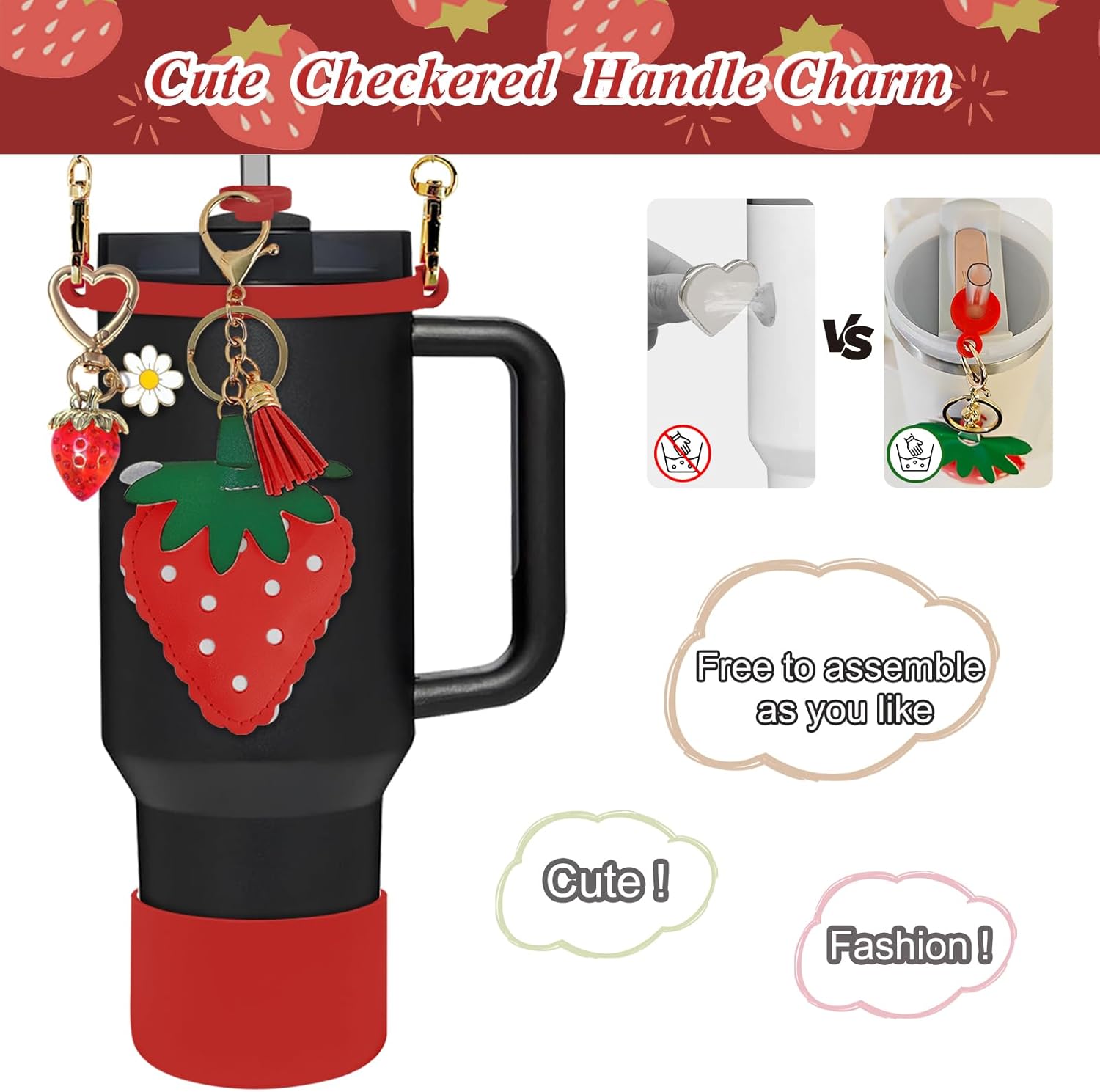 7PCS Strawberry Stanley Cup Accessories, Water Bottle Handle Strap for Stanley 30/40 oz, Including Straw Toppers, Silicone Cup Boot, Keychain Charms, Cup Decoration for Women Girls - Image 2