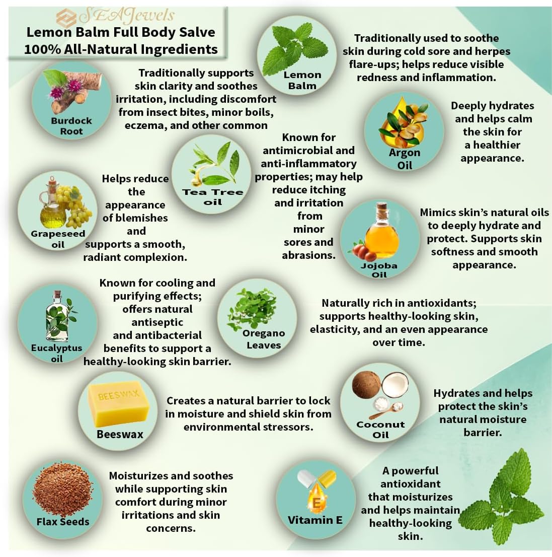 Sea Jewels Lemon Balm Salve — Handcrafted Natural Care for Flare ups, Inflammation, Eczema, and Other Skin irritants (4oz)