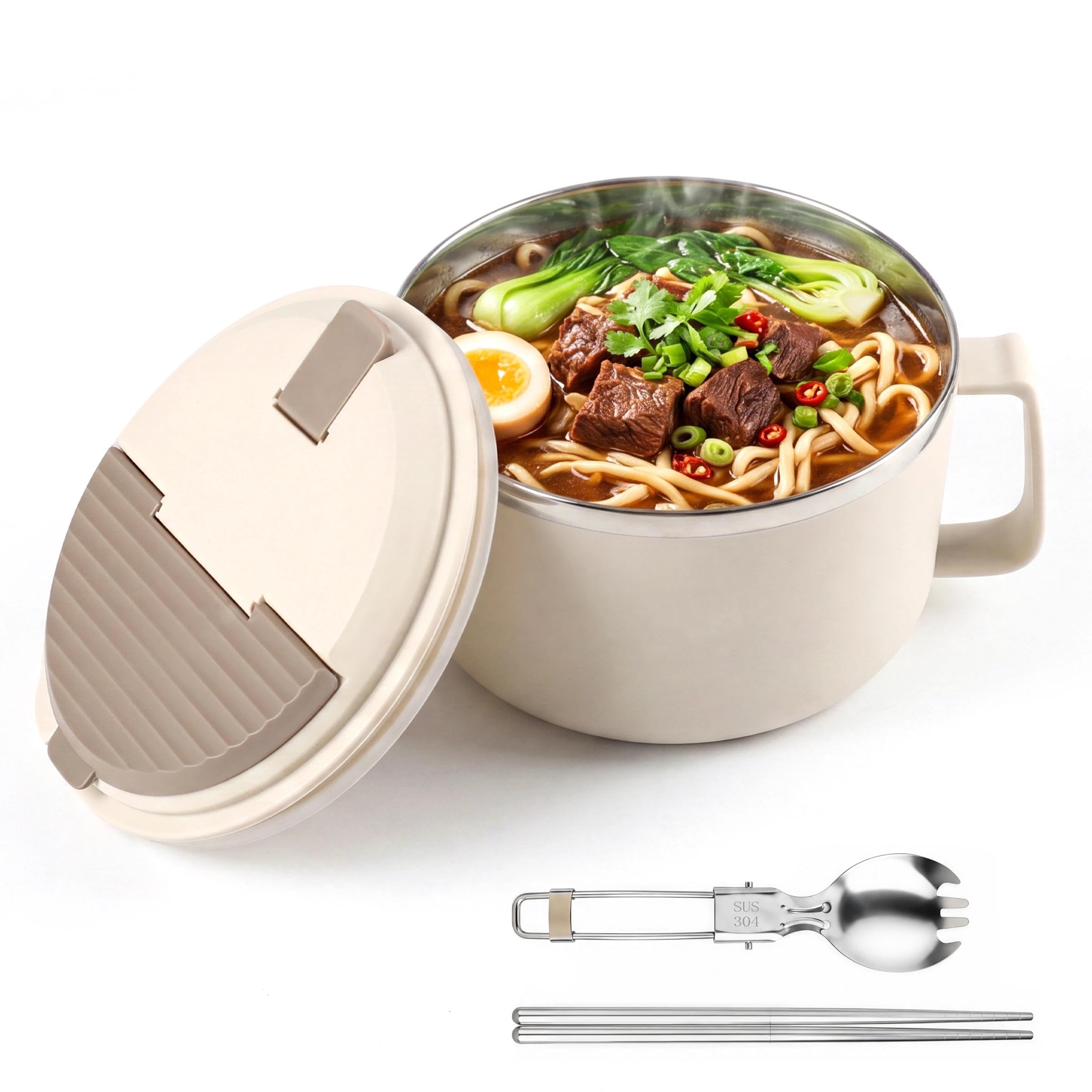 1400ml Stainless Steel Ramen Bowl with Filterable Lid, Chopsticks & Spork
