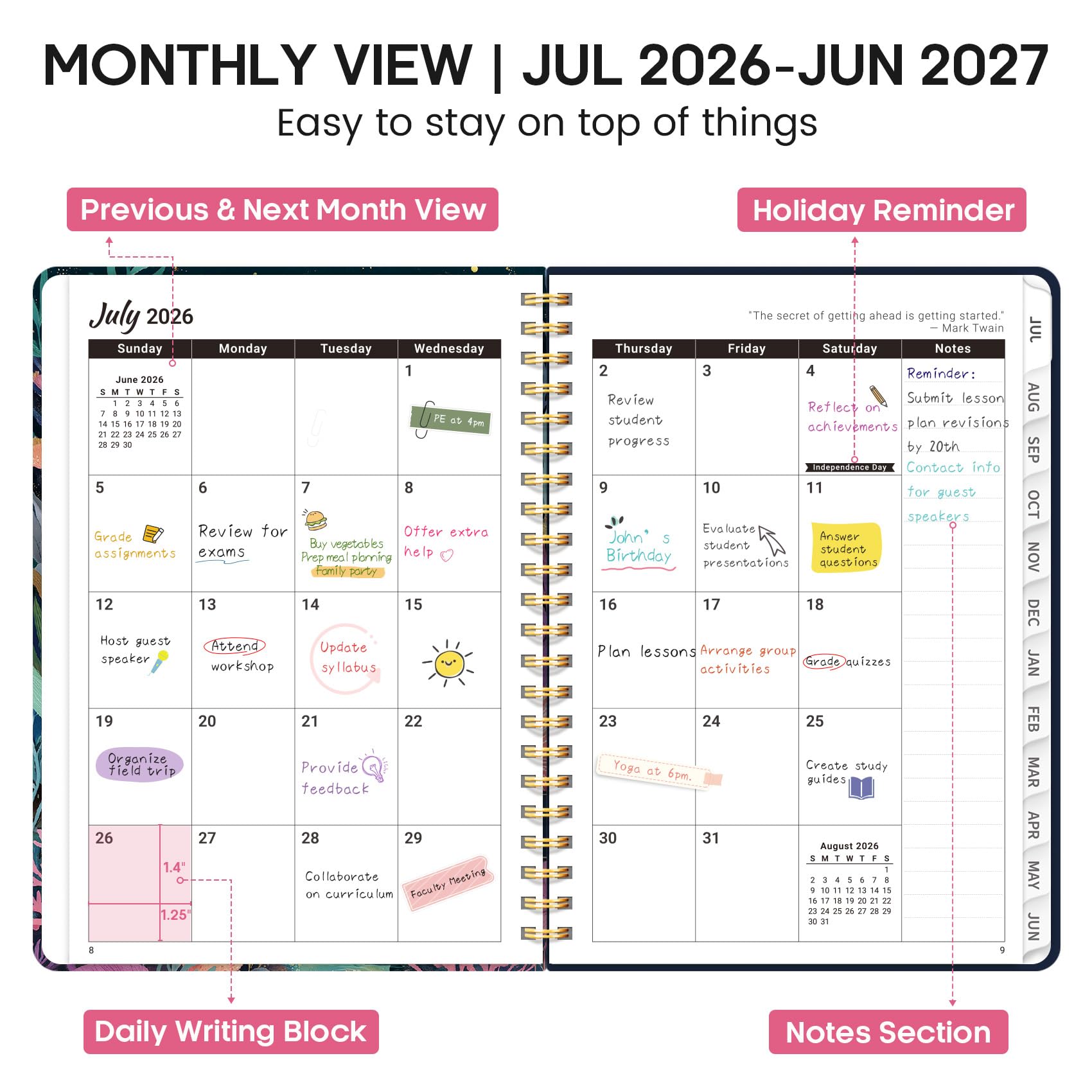 Akademischer Planer 2026-2027, Wochen- und Monatskalender Buch, Juli 2026 - Juni 2027, Hardcover Planer mit Tabs, Perfekt für Lehrer, Studenten, Frauen & Männer, A5 (16,3 x 21,6 cm) - Quallen