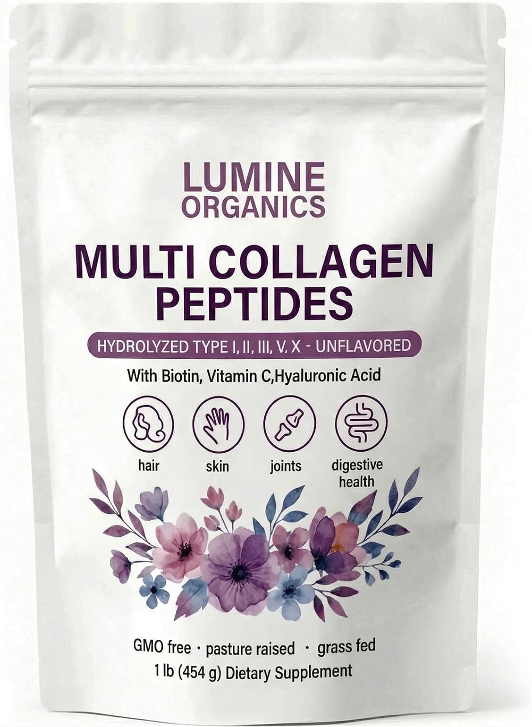 1PCSLumine Organics Collagen, Collagen Peptide,Multi Collagen Peptides Powder,Hydrolyzed Type I,II,III,V,X with Biotin, Hyaluronic Acid, Vitamin C,Non-GMO, Gluten-Free(1pcs)