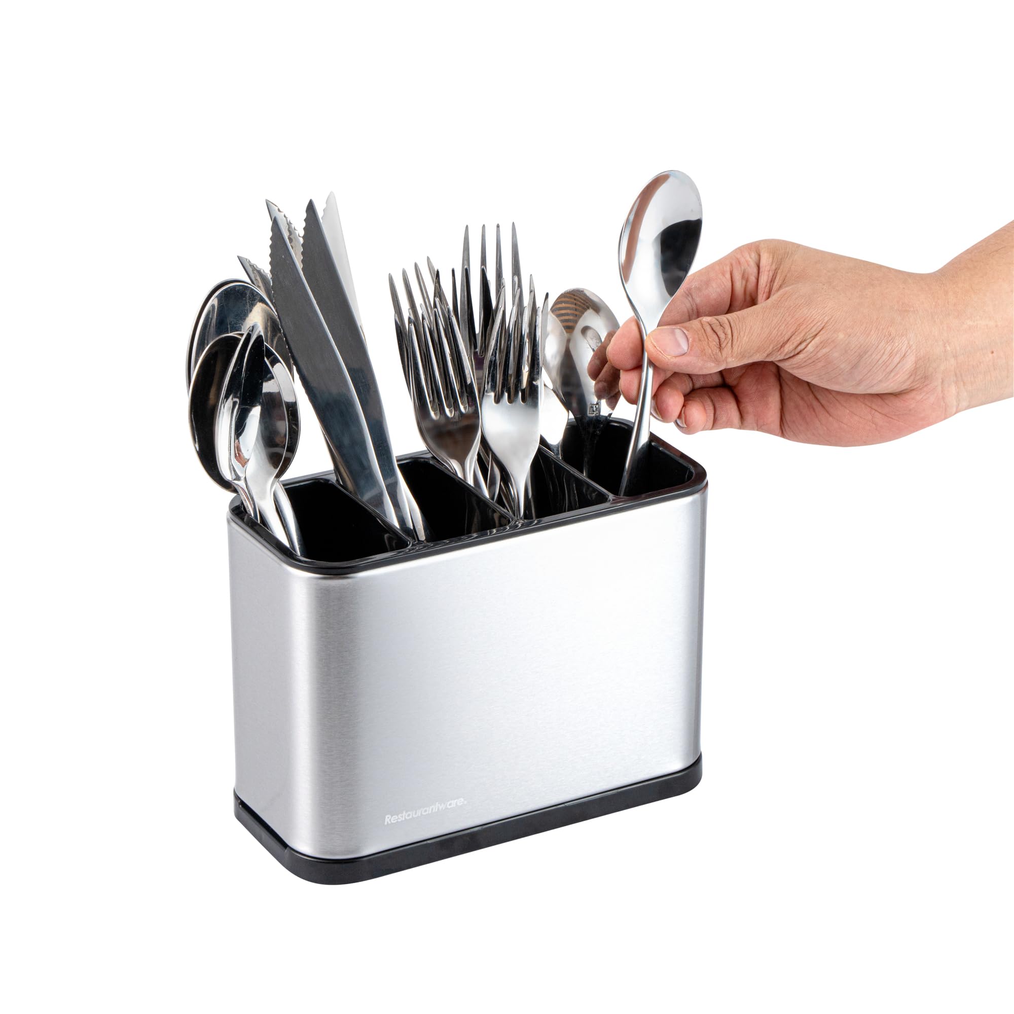 Restaurantware -Met Lux - Organizador de utensilios de 7.09 x 3.39 x 5.12 pulgadas, 1 organizador de utensilios con base pesada, 4 compartimentos, con bandeja de goteo, soporte para utensilios de