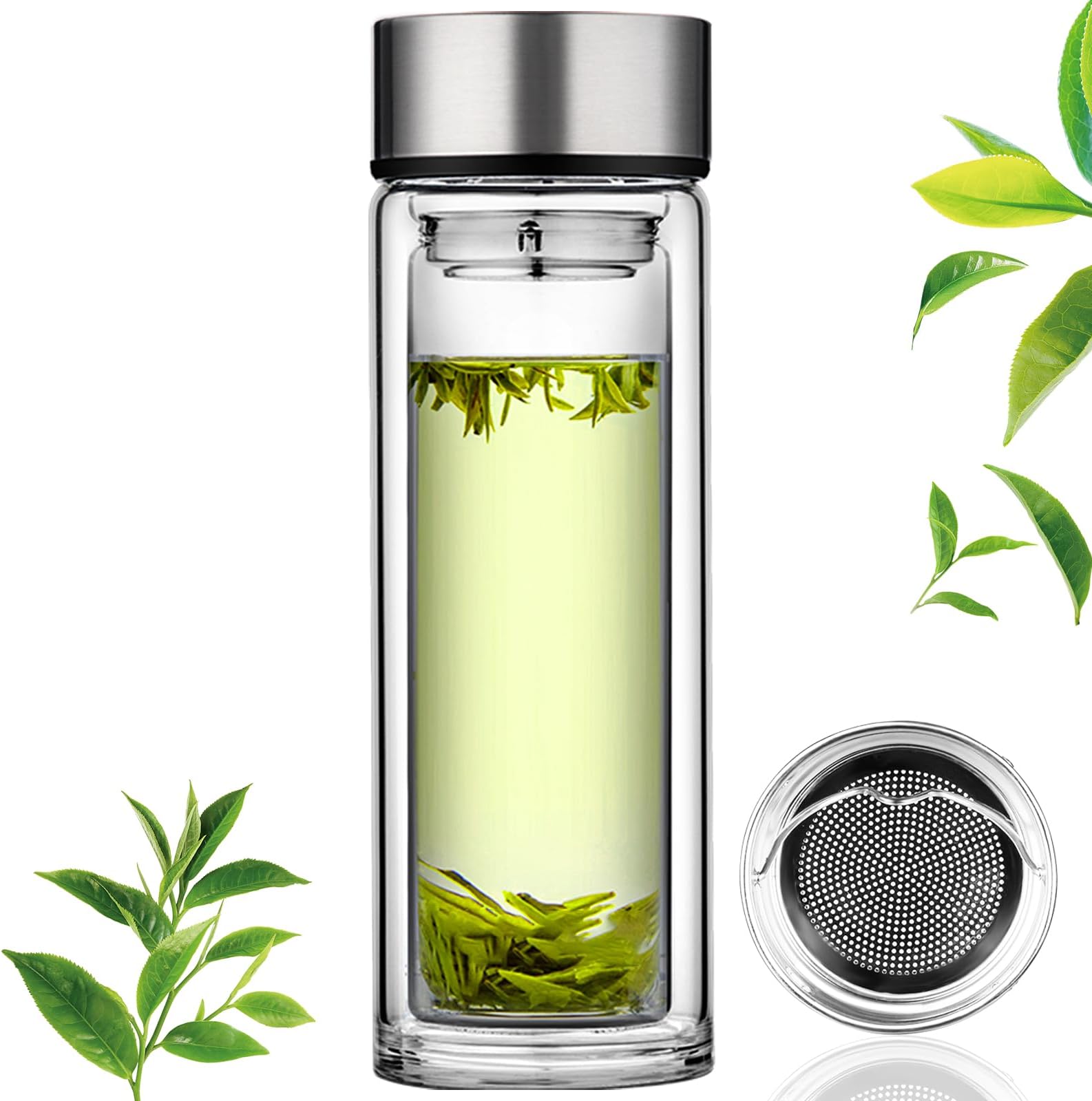 PARACITY Tea Flask Tea Infuser Bottl Double Wall glass Portable Travel Mug Tea Tumbler Water Bottle Diffuser Bottles Tea Cup for Loose Tea Flower Herbal Tea Bags, Stainless Steel Tea Leak 12oz/350ml