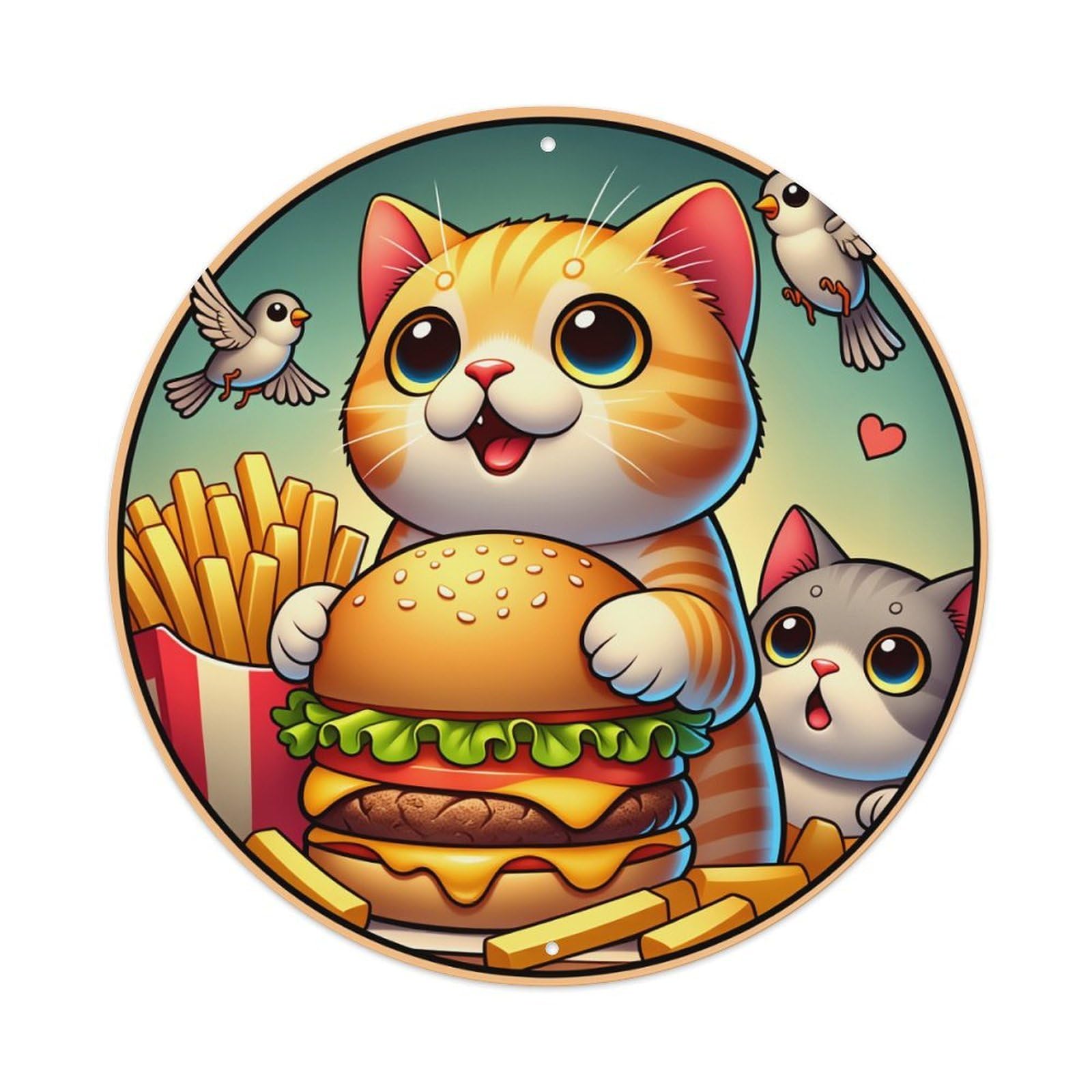 Cute Cat Burger Fries Birds Metal Tin Sign Vintage Garden Bedroom Cafe Bar Man Cave Home Wall Decor Metal Poster 8x8 inches