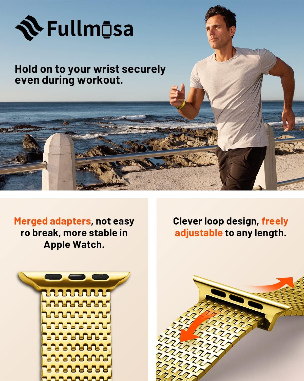 Fullmosa Compatible Metal Mesh Apple Watch Band 44mm/45mm/42mm Gold with Case & Compatible Leather Apple Watch Band 44mm/45mm/42mm,Black+Rose Gold