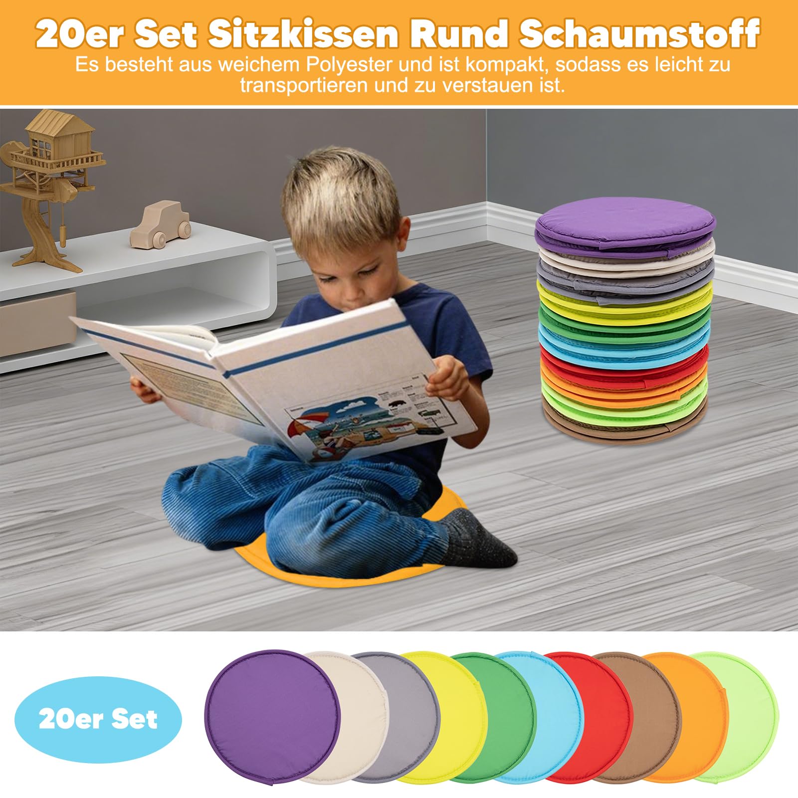 Set di 20 cuscini di seduta rotondi in gommapiuma, per esterni, bambini, antiscivolo, per bambini, scuola, asilo, multicolore