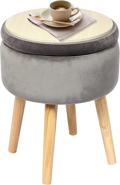 Bonlife Dressing Table Stool Crushed Velvet Grey Ottoman Storage Box Folding Footstool Living Room 4 Wooden Legs Toy Box 36x36x45cm