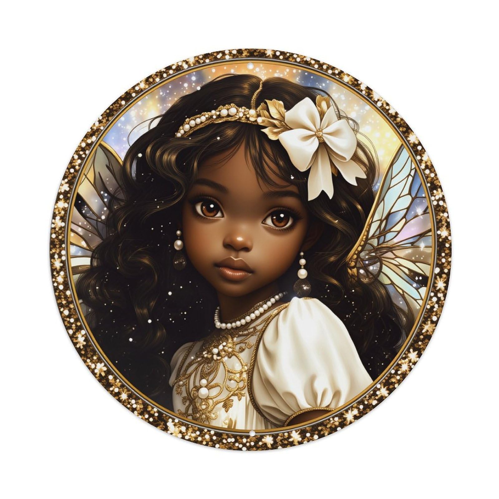 Fairy Princess With Wings And Pearls Round Tin Sign Vintage Metal Poster, Home Bar Garage Man Cave Cafe Indoor & Outdoor Wall Decoration 8x8Inches