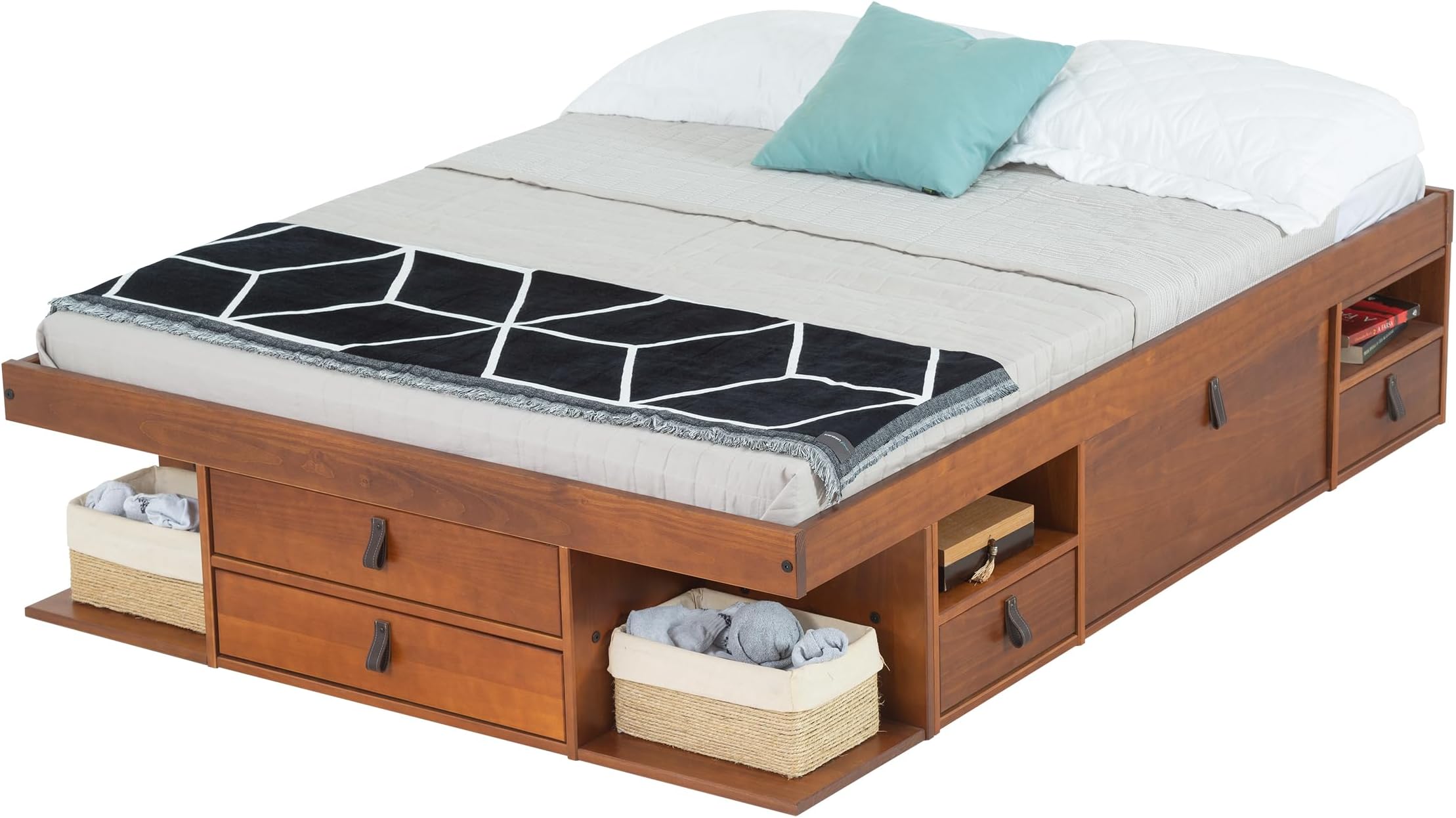 Memomad Functional Bed BALI - Stable bed with lots of storage and drawers, ideal for small bedrooms - Solid pine bed - Price incl. slatted bed base (160x200cm, Color Maple)